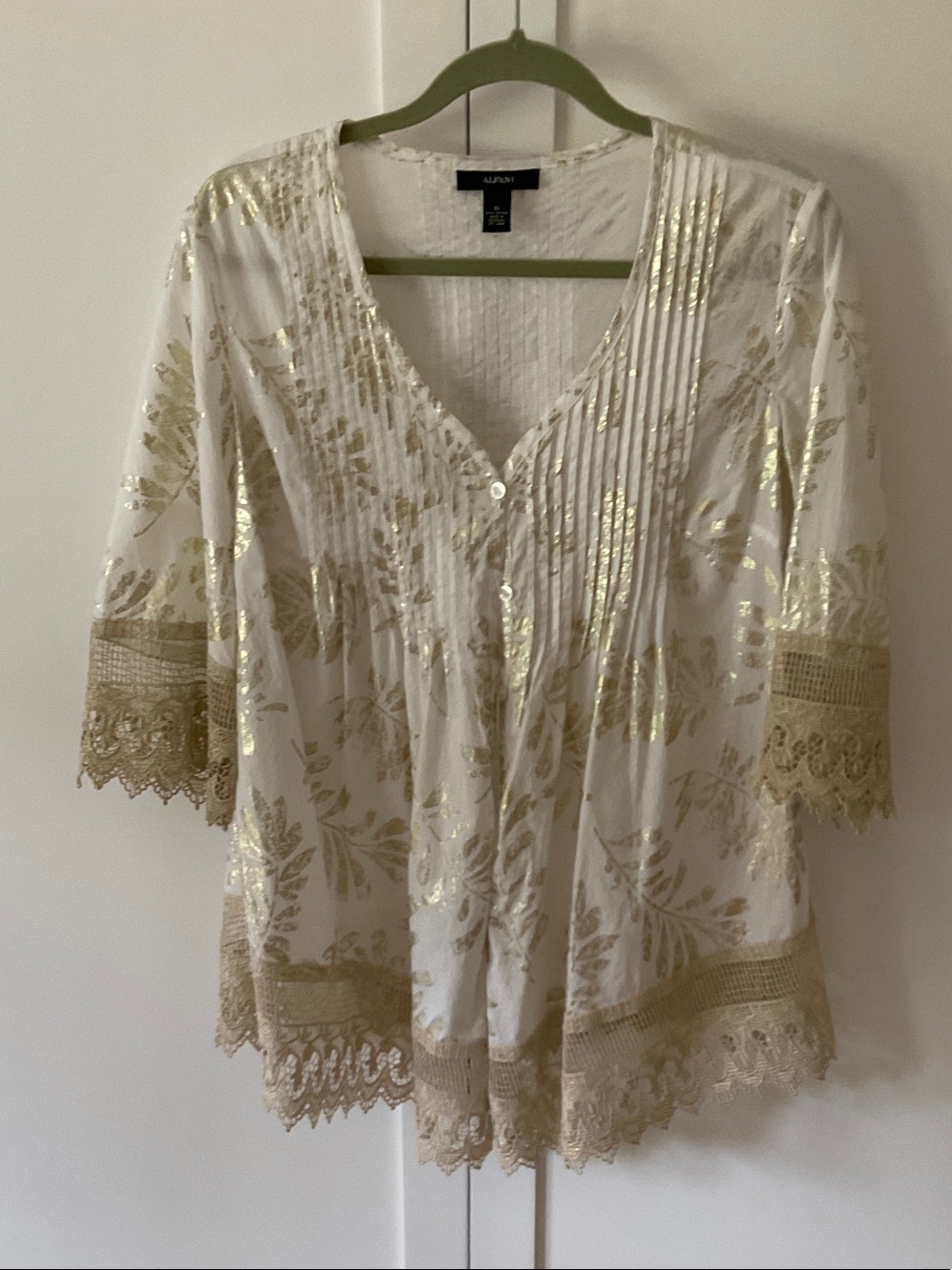 Alfani White Blouse with Gold Foil Floral and Lace Trim